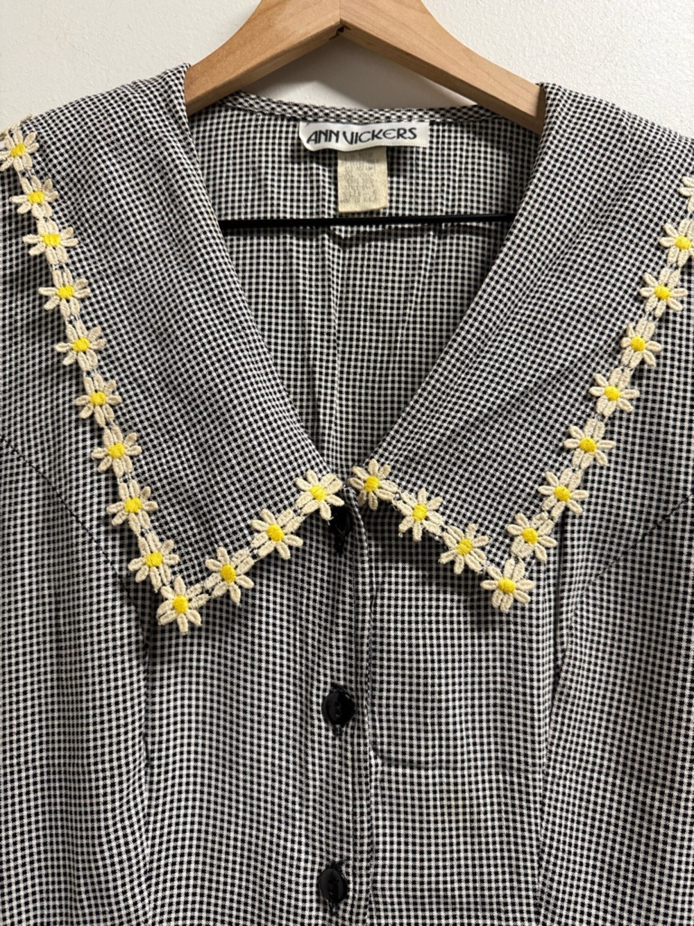 Ann Vickers Black & White Gingham Blouse with Daisy Trim